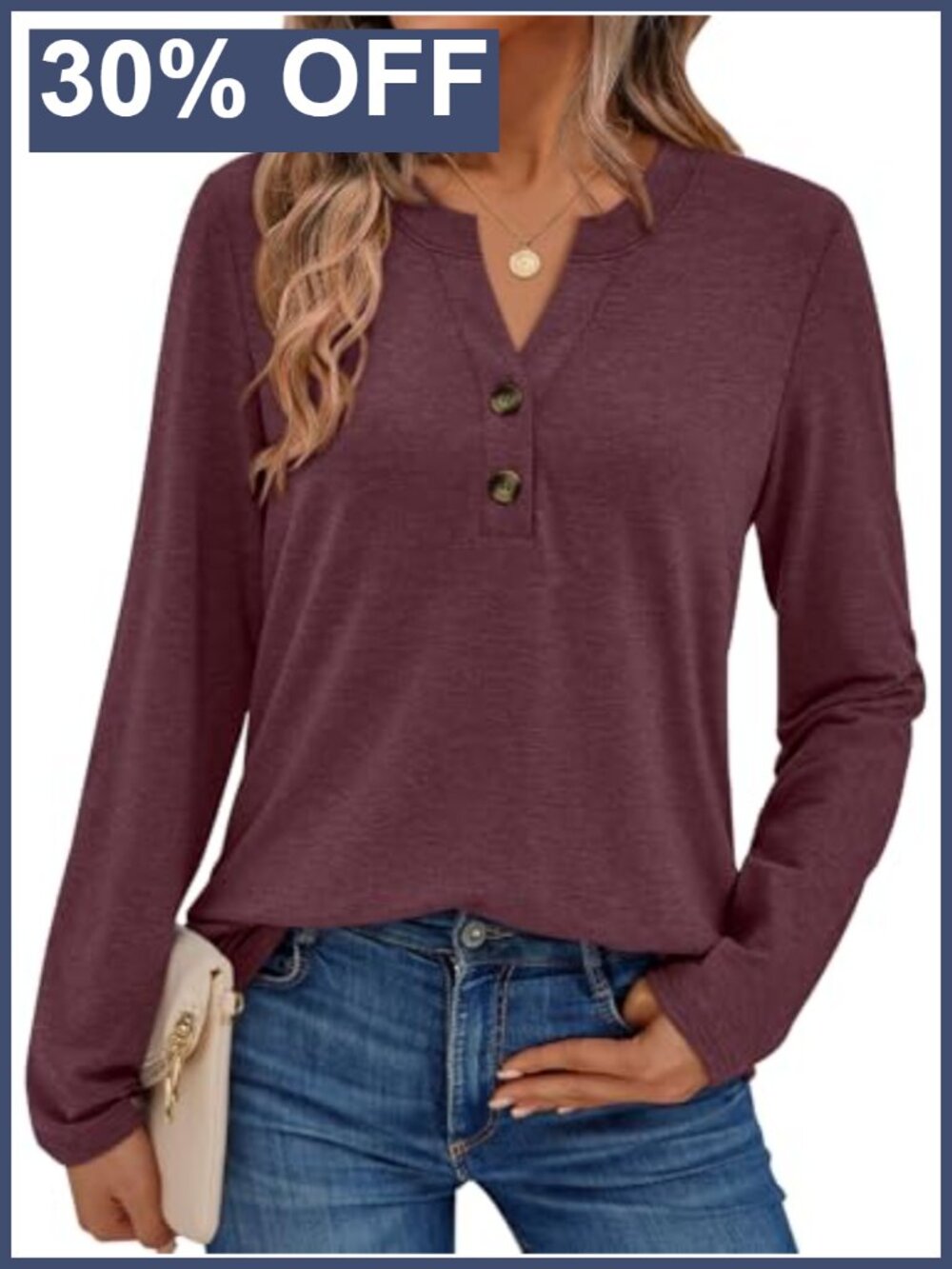 Women's Long Sleeve Henley Top Casual Loose Fit T-Shirt